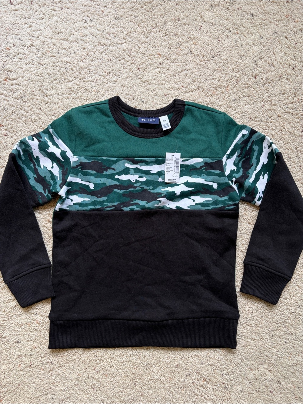 The Children's Place Boys' Green Camo Panel Sweatshirt NWT